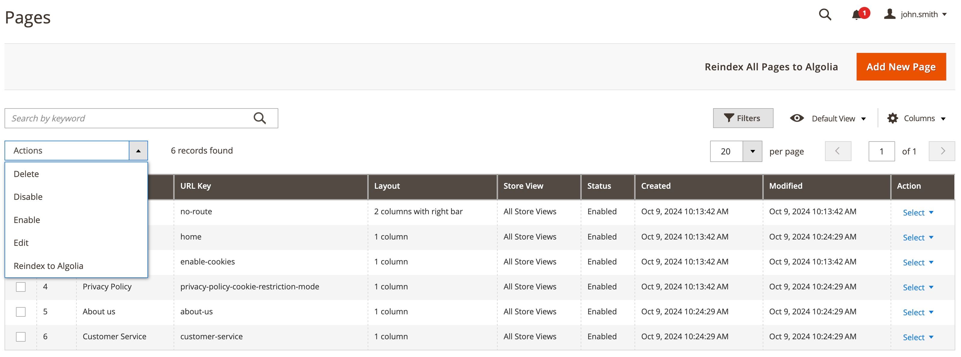 Pages grid reindexing