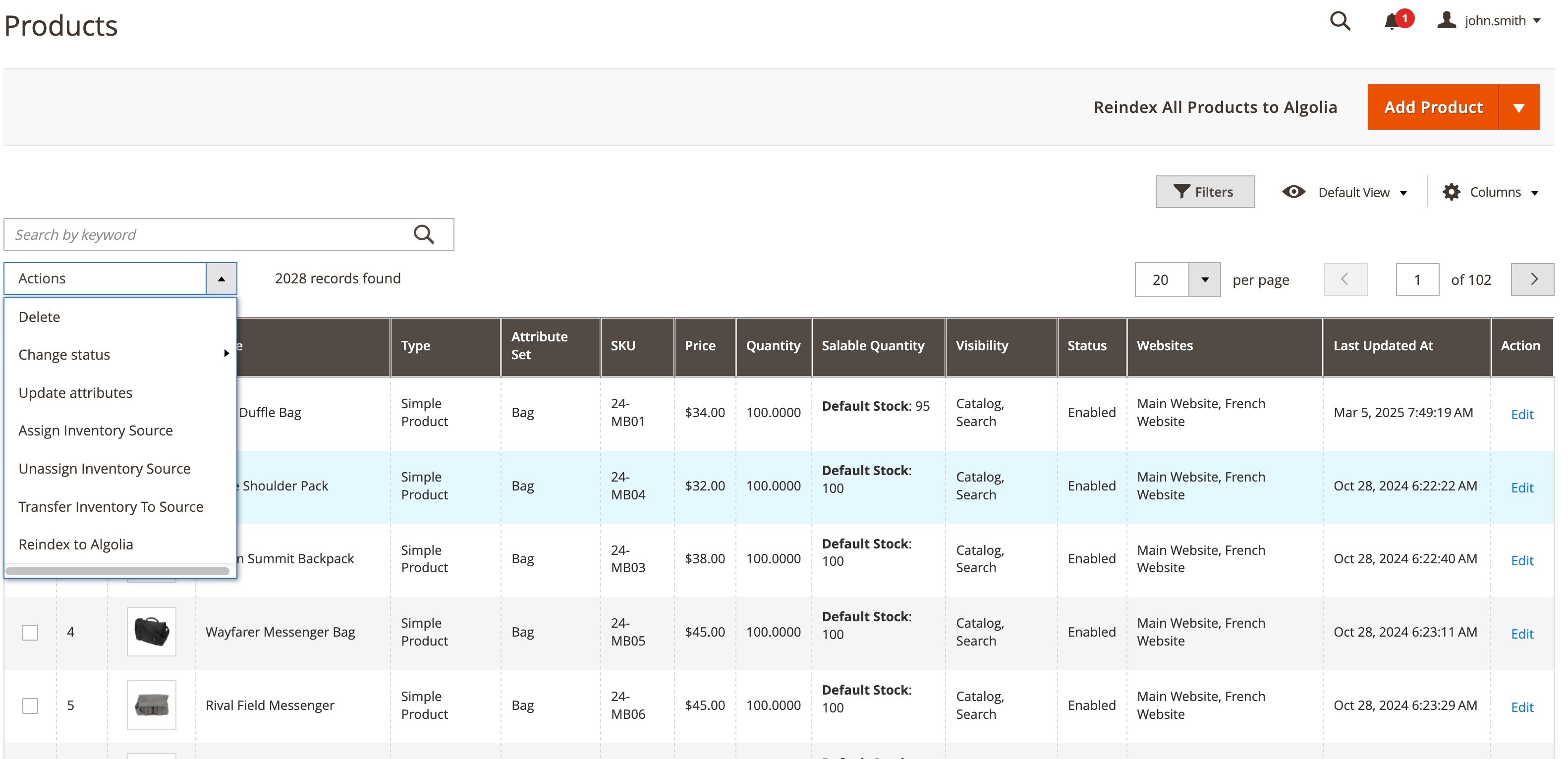 Products grid reindexing