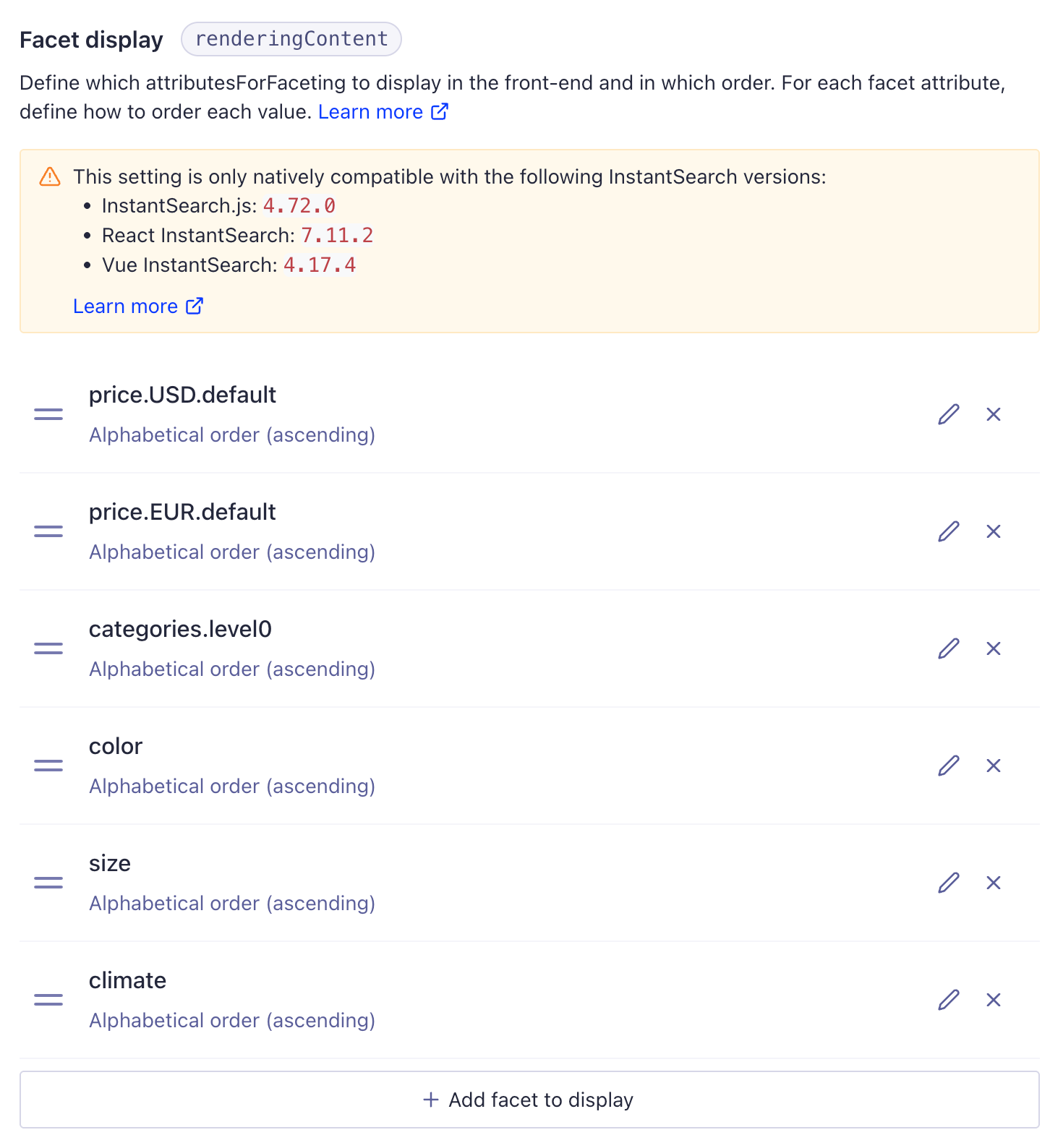 Facet display configuration in Algolia