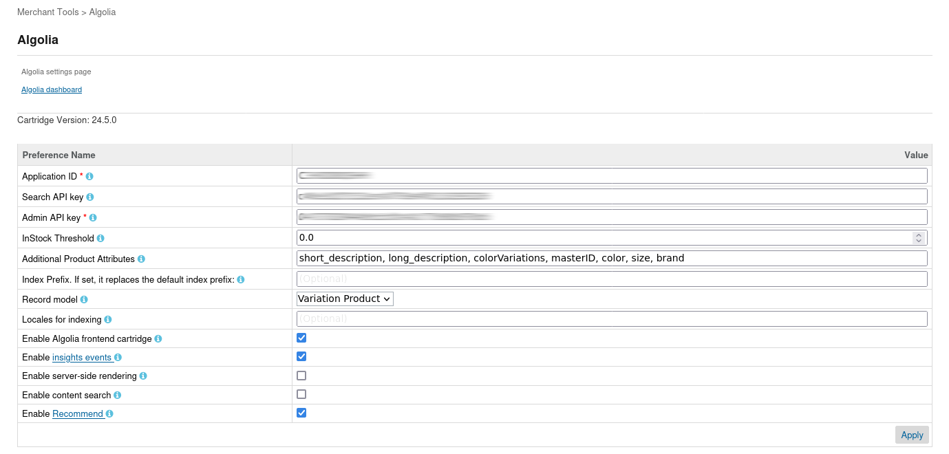 Configure Algolia Custom Preferences Group